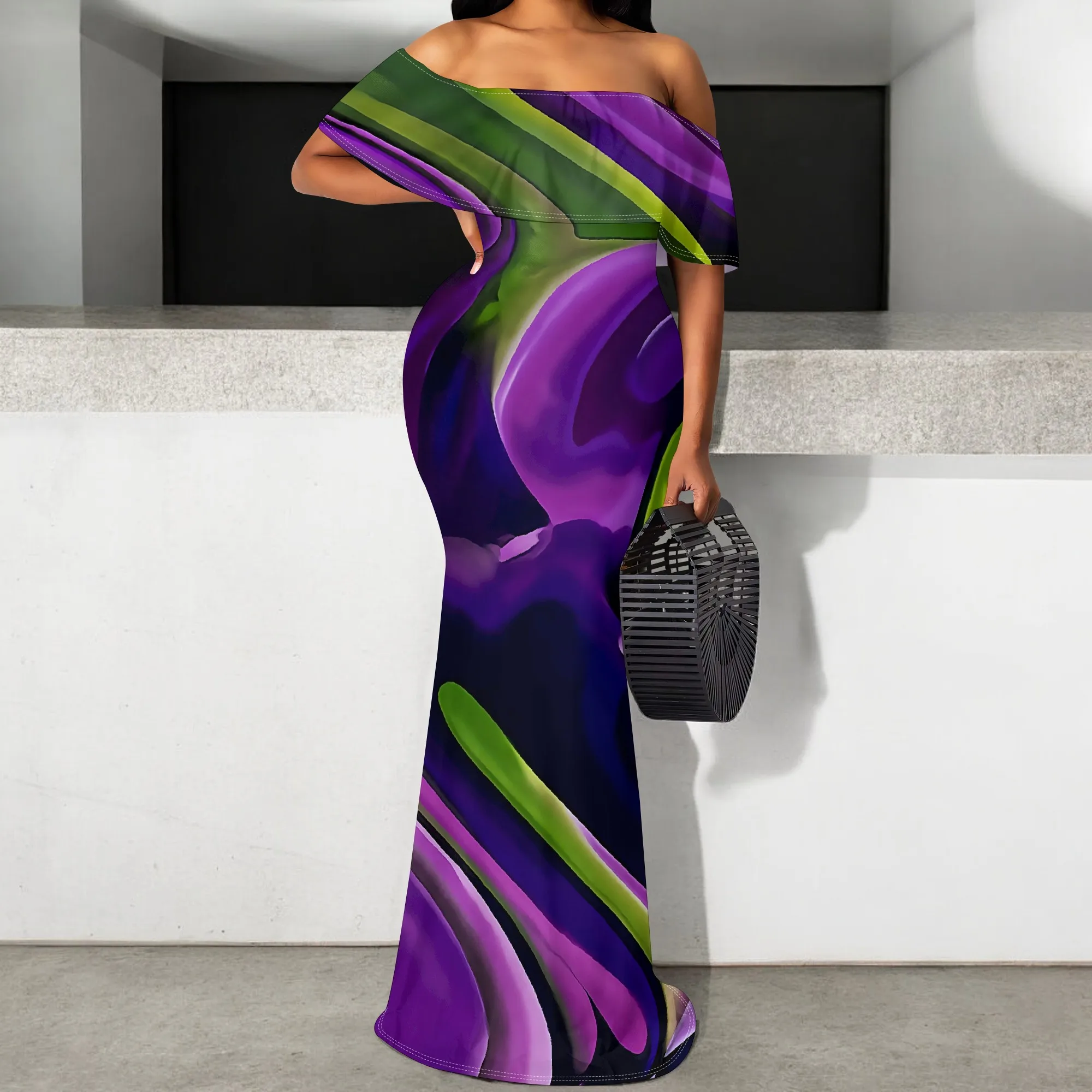 

Abstract Swirl Print Maxi Dress S-3XL Off Shoulder Bodycon Style for Night Party, Art Show or Summer Fashion Parade
