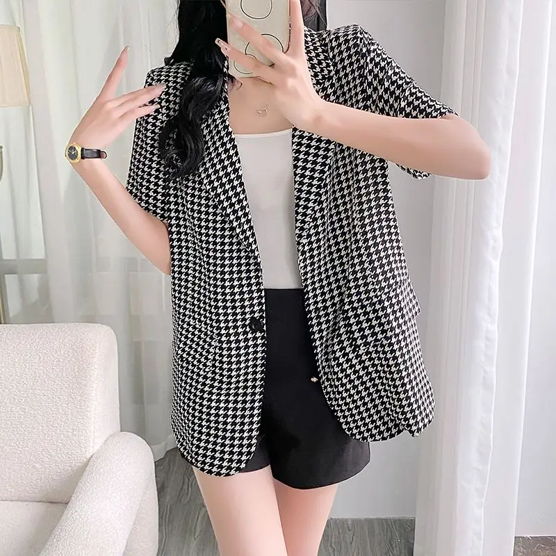 Fashion Lapel Button Spliced Pockets Houndstooth Blazer Women's Clothing Summer New Loose All-match Tops Casual Blazer