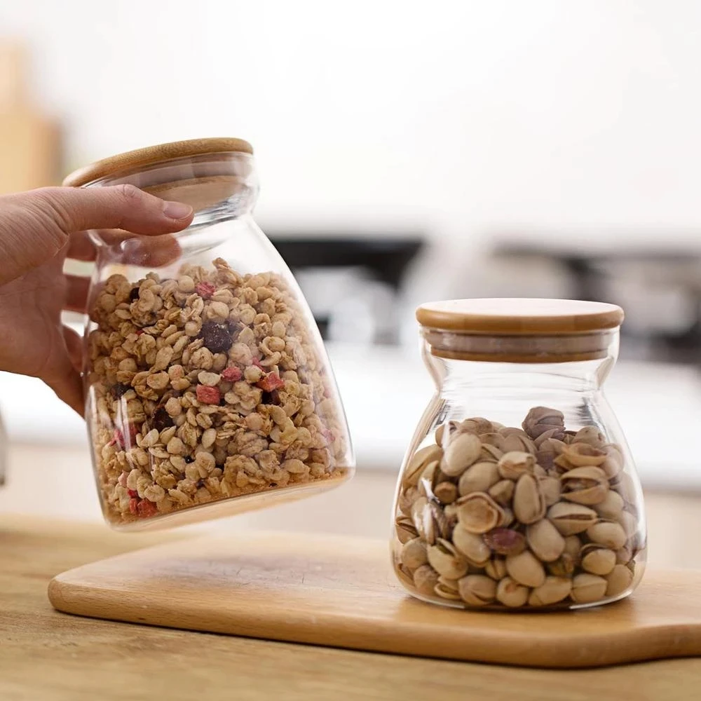 Candy Jar For Tea Leaf Nut Spices Glass Bamboo Cover Container Glass Jars With Lids Cookie Jar Kitchen Jars And Lids Wholesale