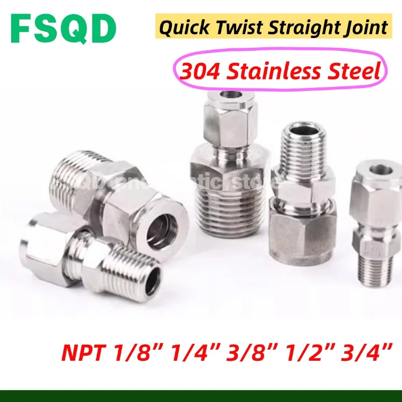 For Tube OD NPT 1/8 1/4 3/8 1/2 3/4 Fast Twist Joint 304 Stainless Steel Ferrule Straight Terminal Connector Pipe Fitting
