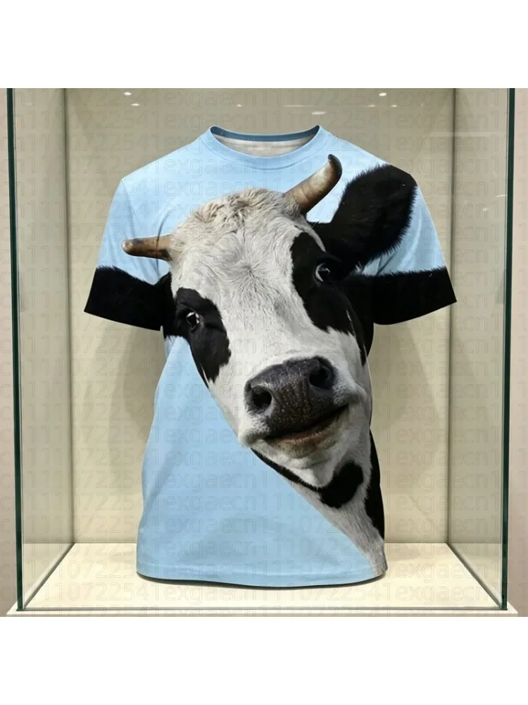 Camiseta con estampado 3D de vaca para hombres y mujeres, camisetas divertidas con patrón retro, camisetas holgadas de verano, camisetas informales con cuello redondo para niños y familia