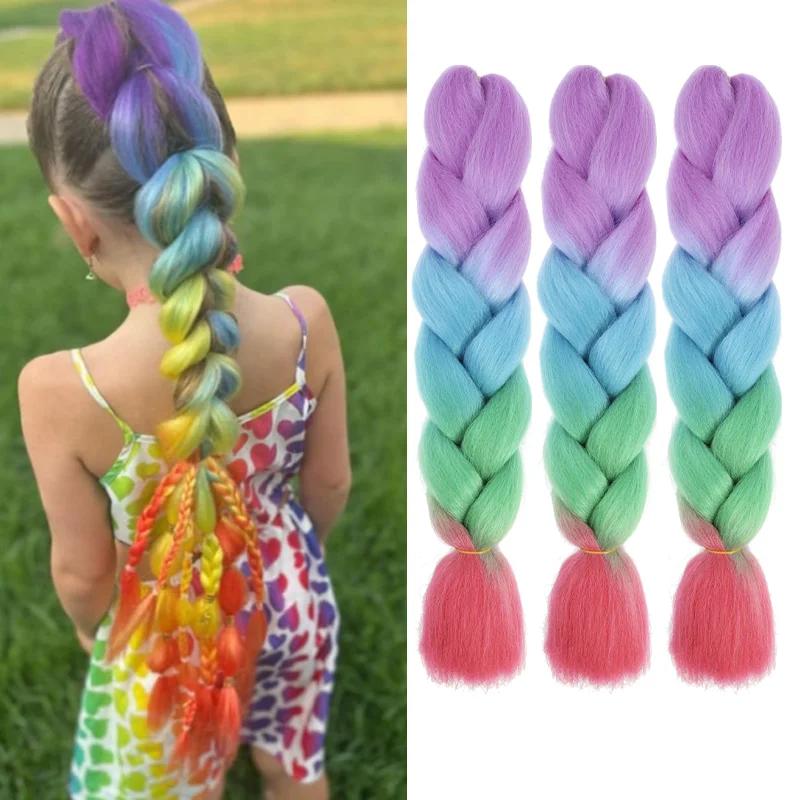 Extensiones de cabello trenzado de arcoíris, trenzas de pelo de ganchillo Jumbo sintético de 24 pulgadas para caja trenzada, extensiones de cabello con trenzas torcidas