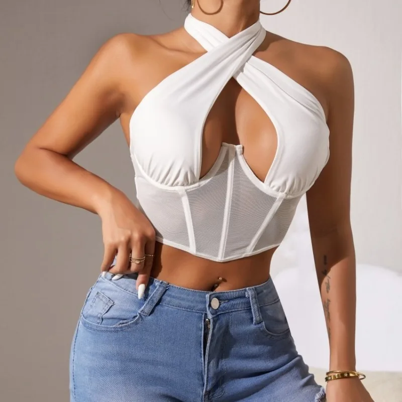 

Women Fashion Sexy Mini Tops Women Summer Black Y2K Crop Top Strapless Cross Neck Backless Casual Srteetwear Off Shoulder Vest