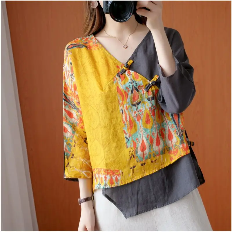 Women\'s Irregular 2023 Spring and Autumn New Retro Printed V-neck Contrast Color Patchwork Loose Shirts 5/4 Sleeve Pullover Tops