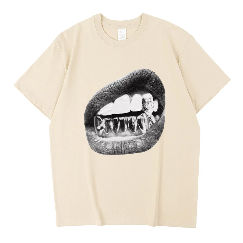 Big Lips Y2k Mouth T Shirt Men Women Grunge Aesthetic Vintage Washed T-shirt Unisex High Quality Cotton Tee