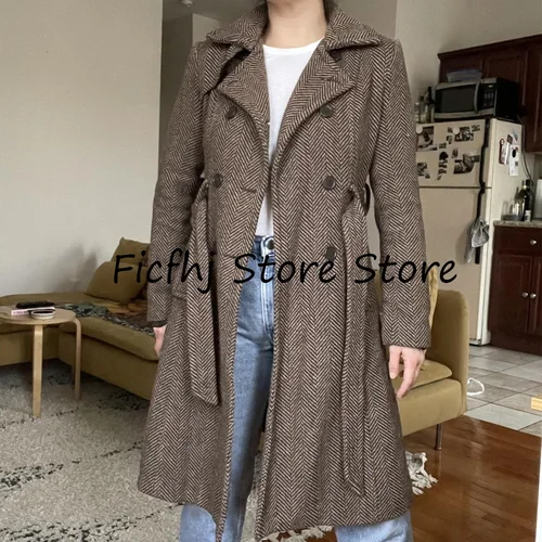 Mantel 여성용 헤링본 롱 트렌치 코트, 여성 의류 벨트, 여성 재킷, 겨울 코트, 모직 코트, 여성 재킷, 신상 