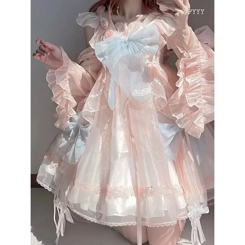 Chinese Traditional Pink Lace Bow Lolita Dress Women's Clothing 2024 Summer Sweet Girls Tea Party Dress Kawaii Carnival Dresses