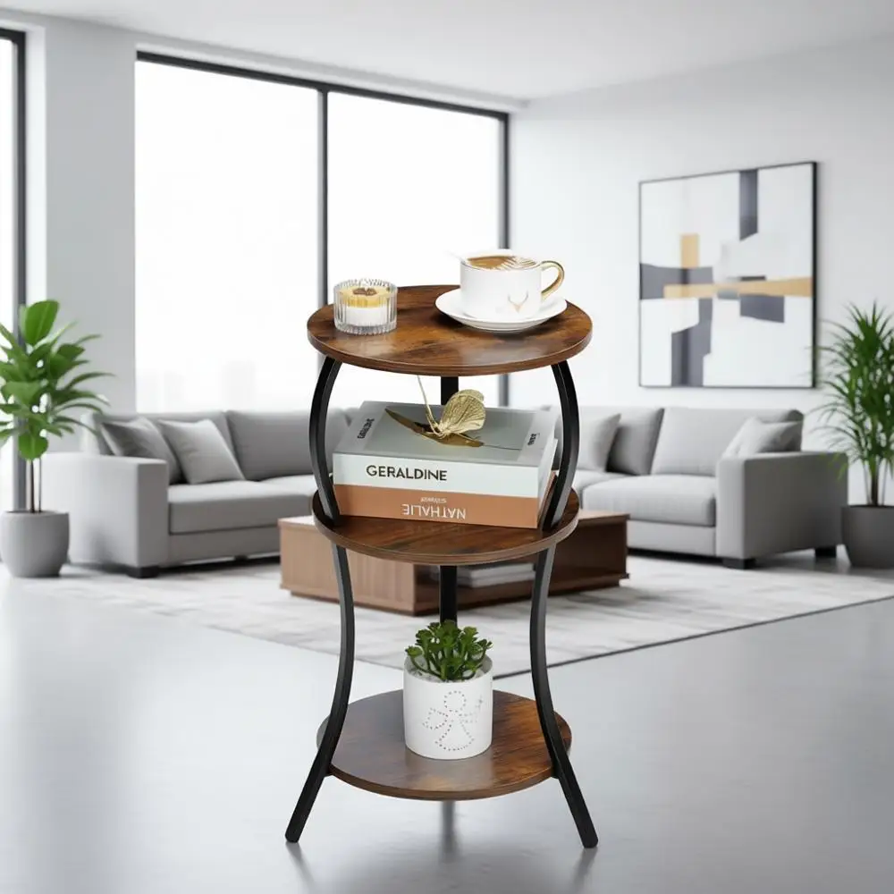 

Compact 3-Tier Round Side Table with Storage, Rustic Brown for Small Spaces in Living Room, Bedroom
