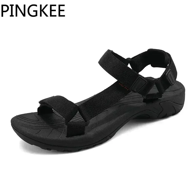 PINGKEE Fabric Upper Adjustable Hook Loop Closure Open Toe Sandals Leather Male Sandal Classic Summer Slip on Flat Men\'s Shoes