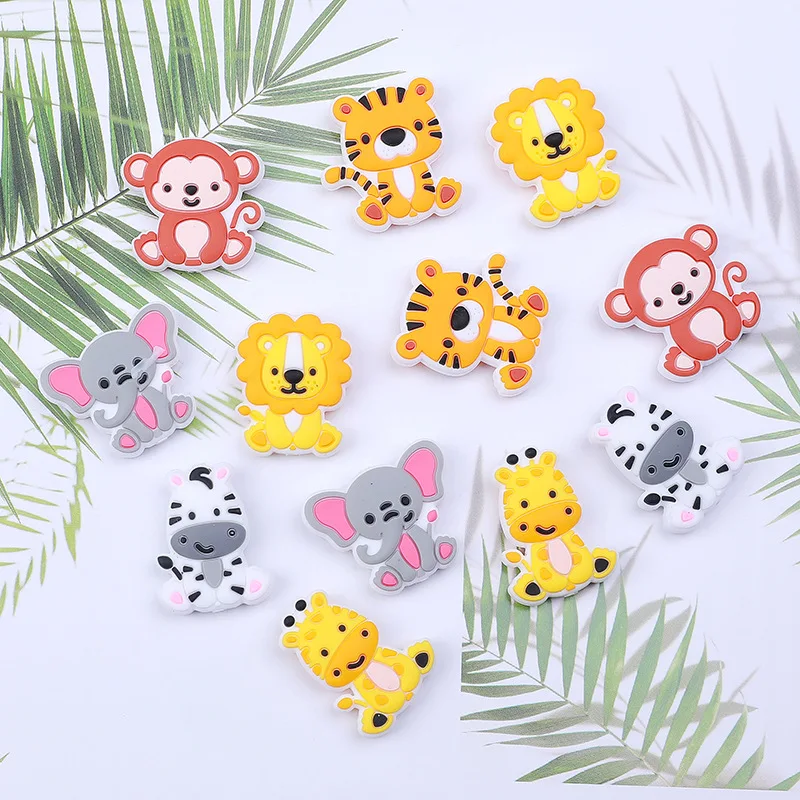 10Pcs Silicone Chew Beads Cartoon Elephant Tiger Teether Beads For Pacifier Chain Bracelet Making DIY Plastic Pen Accessory