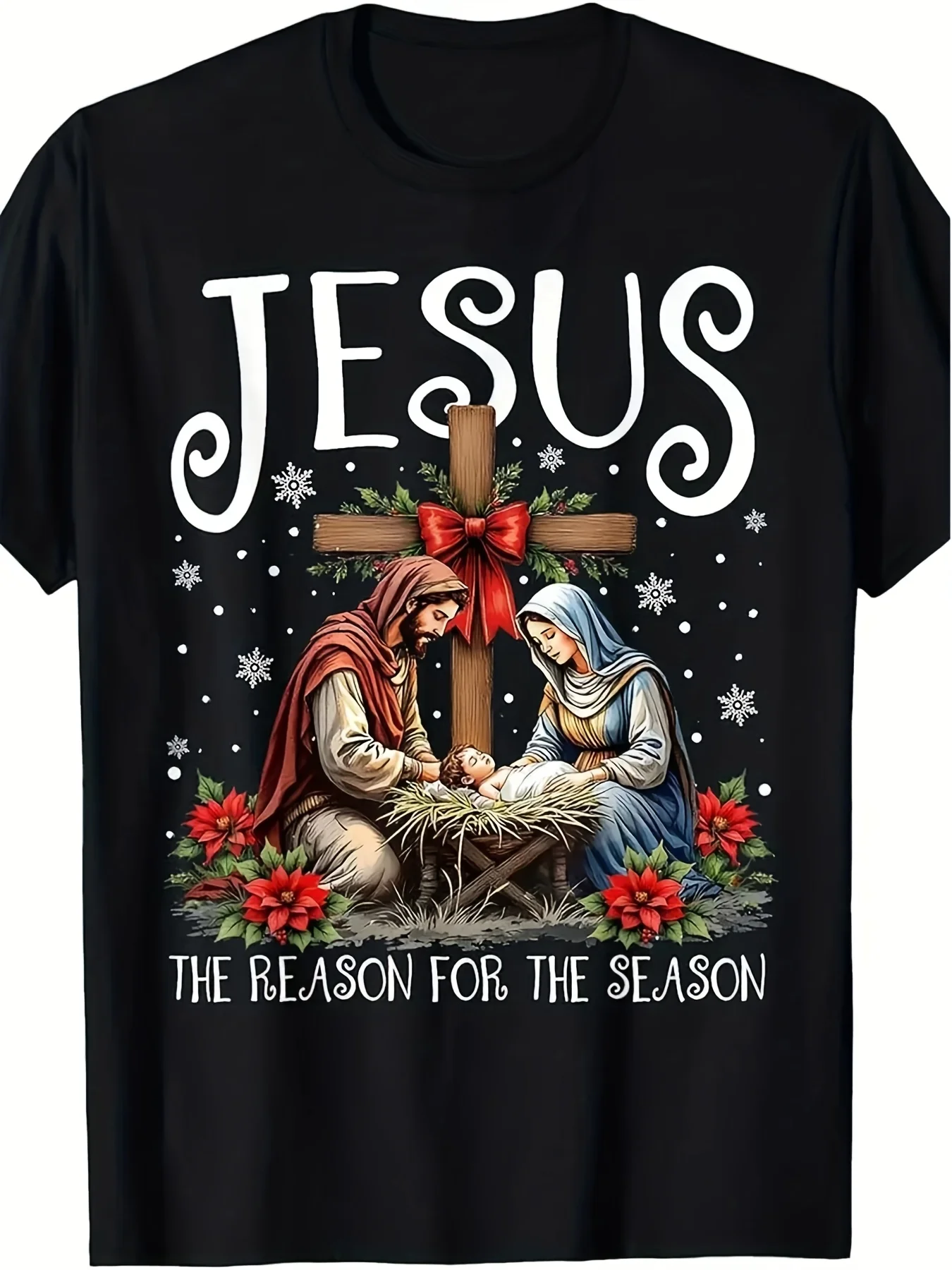 Nativity Scene & Cross Vintage Christian Graphic T-Shirt 100% Cotton O-Neck Short Sleeve Summer Casual Mens T-shirt Streetwear