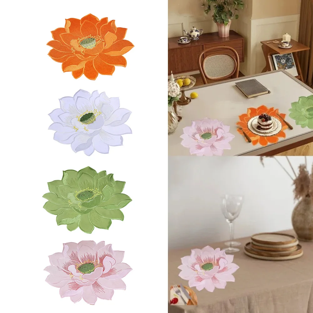 Lotus Flower Embroidered Placemats for Home Dining Table Rustic Style Synthetic Fiber Placemats 30x30cm Set of 4
