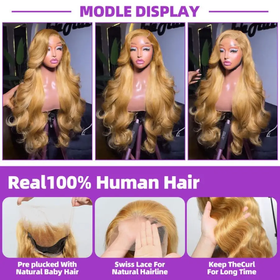 Brazilian #27 Honey Blonde 30 34 Inch Body Wave 13x4 Lace Front Human Hair Wig 13x6 HD Transparent Lace Frontal Wigs 200 Density