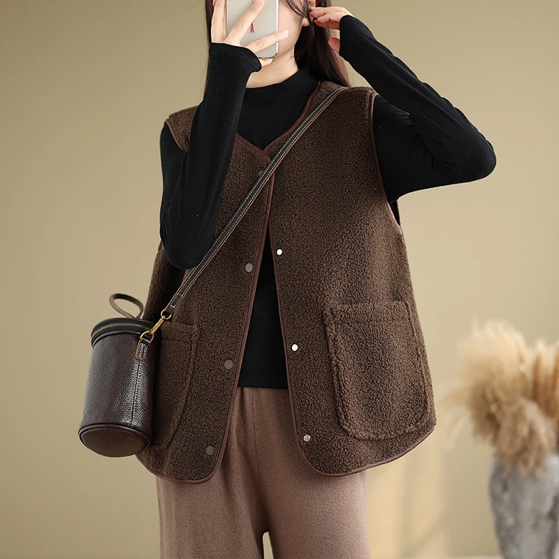 

Korean Sle plus Size Women's Lamb Fur Vest Jaet 2025 Autumn New Arrival Commute Sle V-Ne Regular Length Top