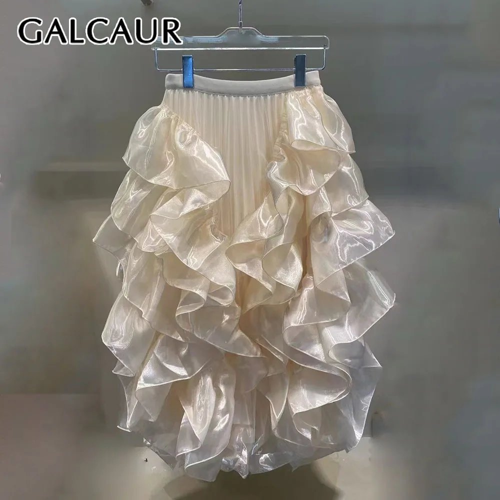 

GALCAUR Solid Spliced Ruffles Female Skirt High Waist Loose Casual Patchwork Mesh Women's Long Skirt Autumn Fashion Style New