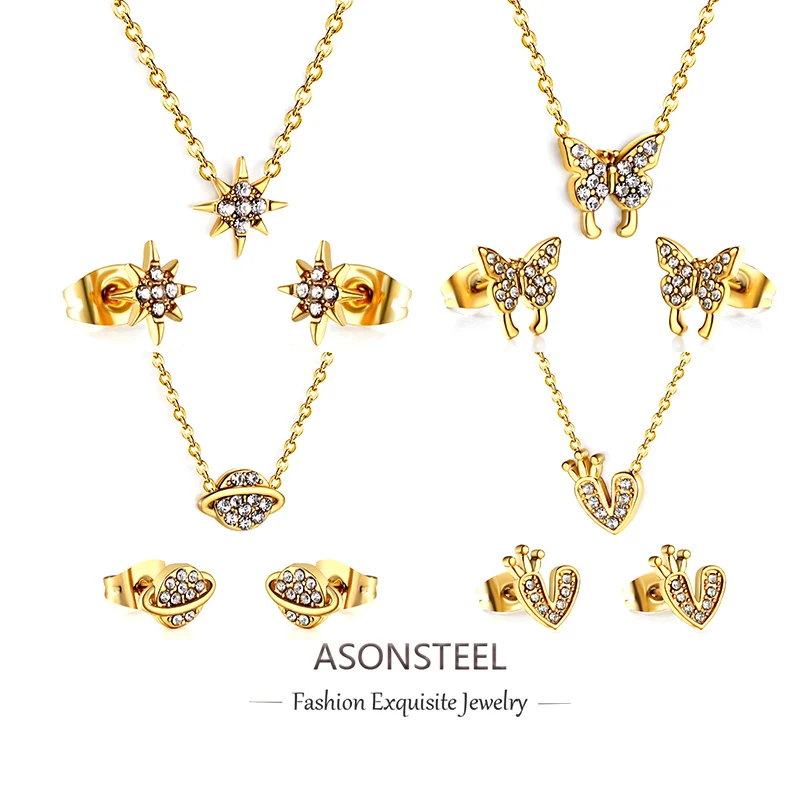 ASONSTEEL Trendy Shiny Cubic Zirconia Buffterfly Pendant Necklaces Stud Earrings Jewelry Set Stainless Steel Women Girl Jewelry