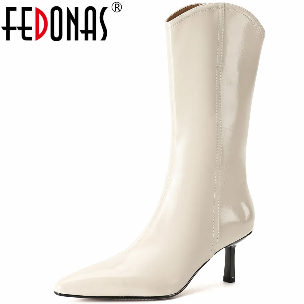 

FEDONAS Fashion Thin High Heels Women Mid-Calf Boots Autumn Winter Genuine Leather Shoes Woman Party Office Lady Western Boots