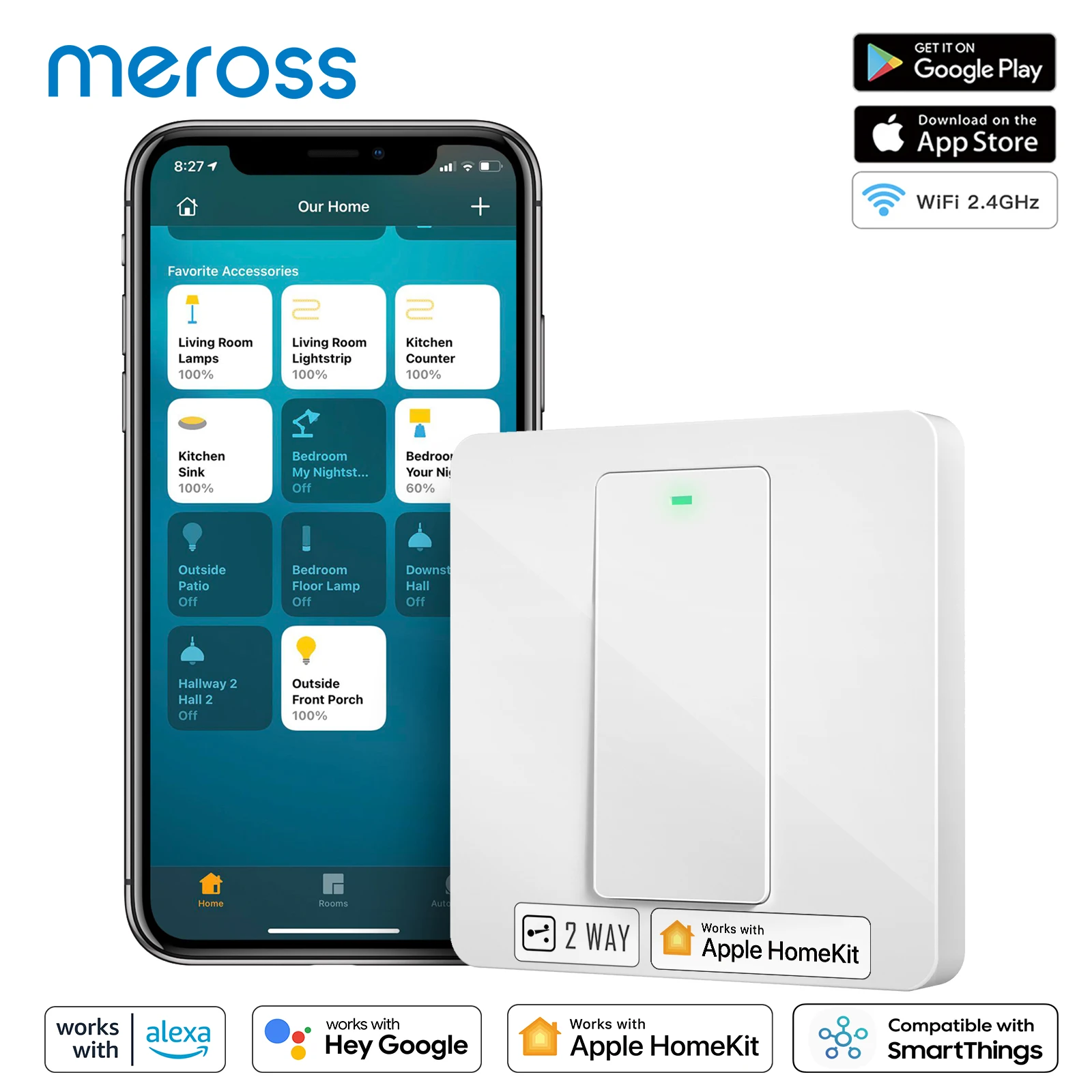 

Meross HomeKit 2-Way Smart Switch Smart Light Switch WiFi Light Switch with Neutral Wire Support Alexa, Google Home SmartThings