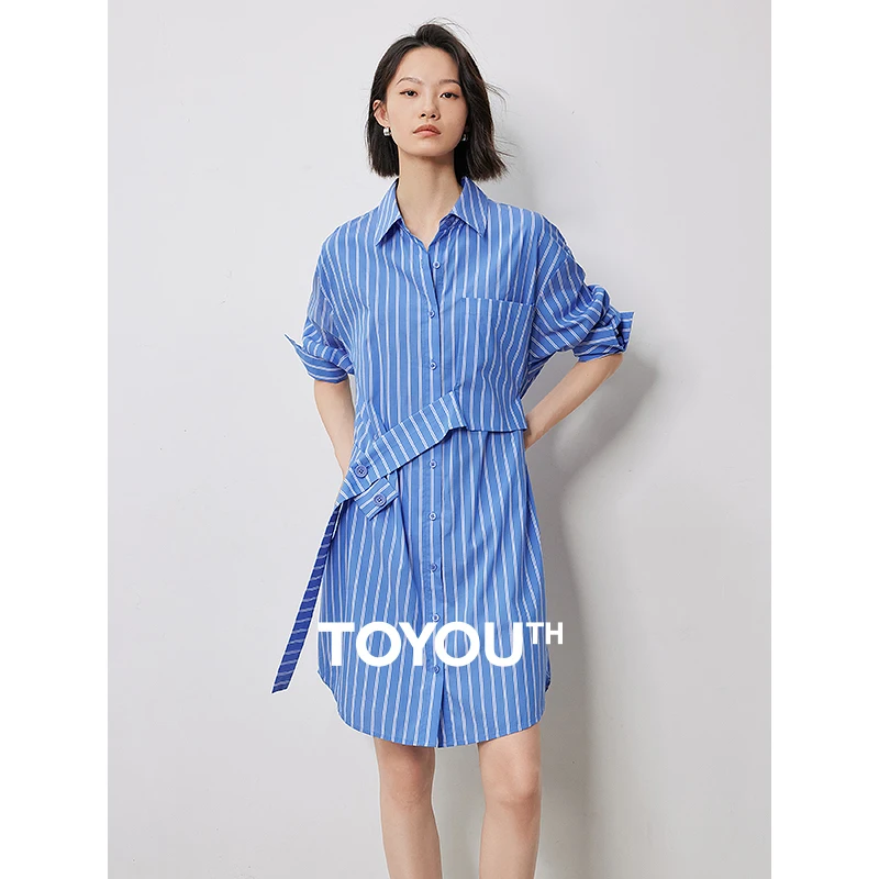 TOYOUTH Women Dress 2024 Autumn New Striped Turn Down Collar Long Sleeve Stright Shirt Dress