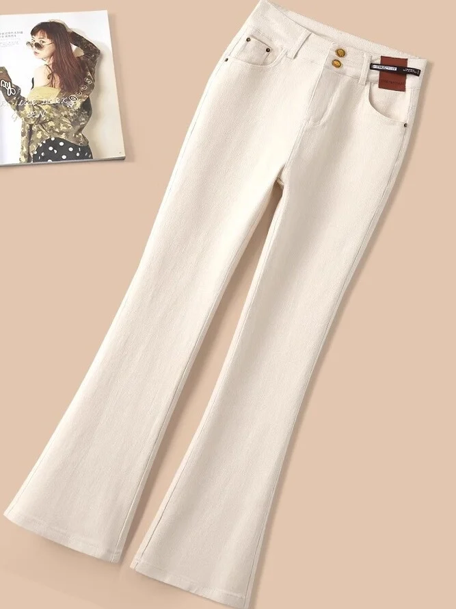 

Белые эластичные утягивающие джинсы с высокой талией и микро-клеш, женские весенне-осенние новые длинные брюки из джинсовой ткани