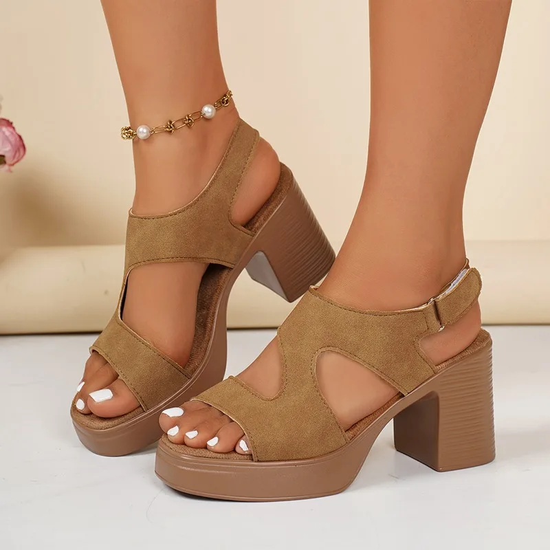 High Heeled Sandals Women's 2025 Summer Thick Heeled Platform Sandals Women's Fishmouth One-Word Buckle One-Word Gladiator Shoes view 2