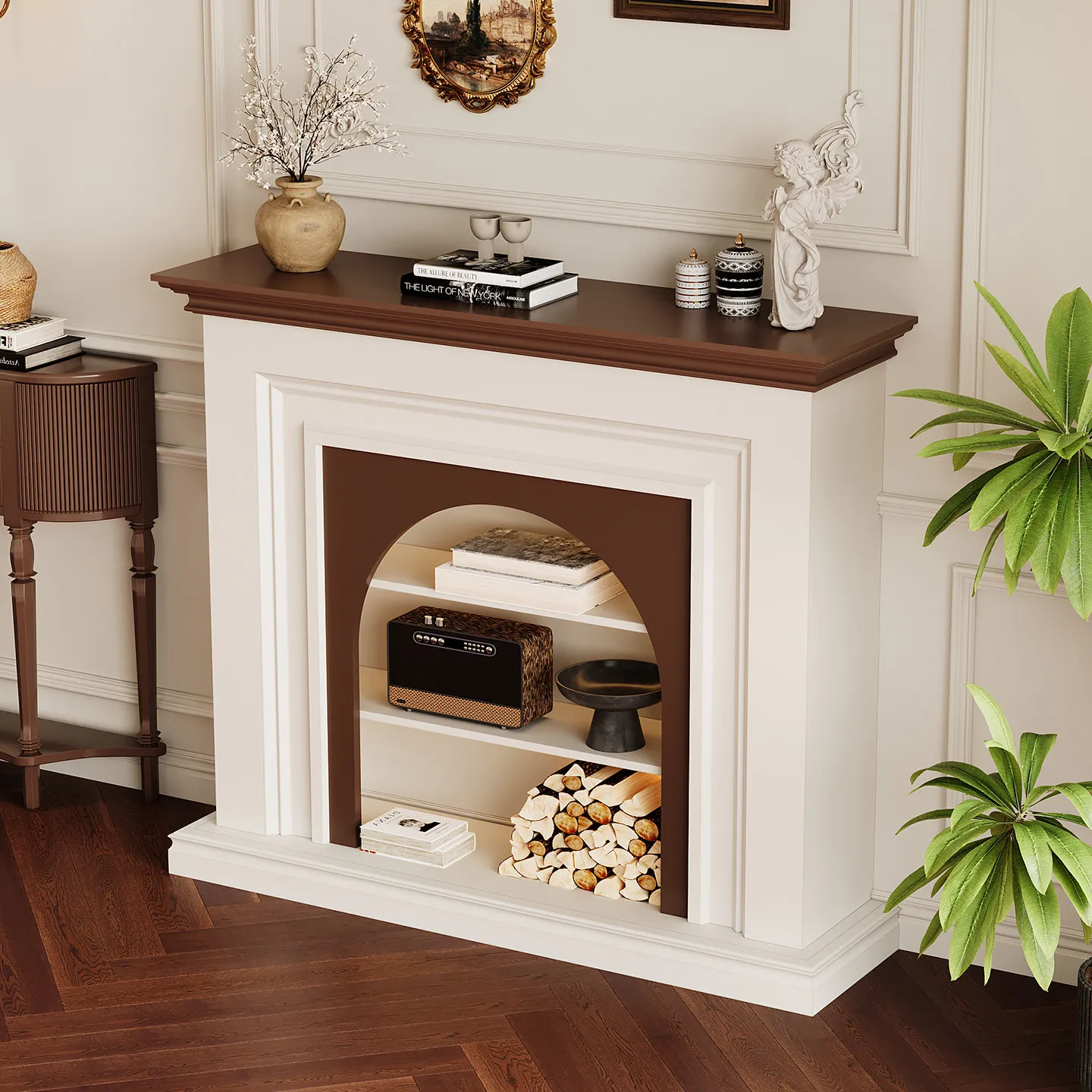 French fireplace decorative cabinet, living room flame simulation fire, antique door cabinet, American shelf, facing the door