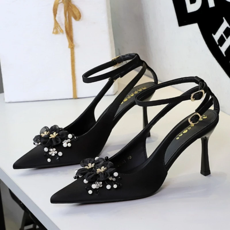 BIGTREE Shoes Ladies Sexy Pointed Toe Heels Rhinestone Ribbon Flowers Cut One Strap Thin Stiletto Banquet Wedding Dress view 4