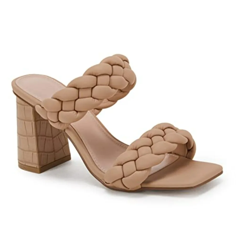 Womens Braided Heels Sandals Chunky Block Heel Double Strap Summer Dressy Sandal