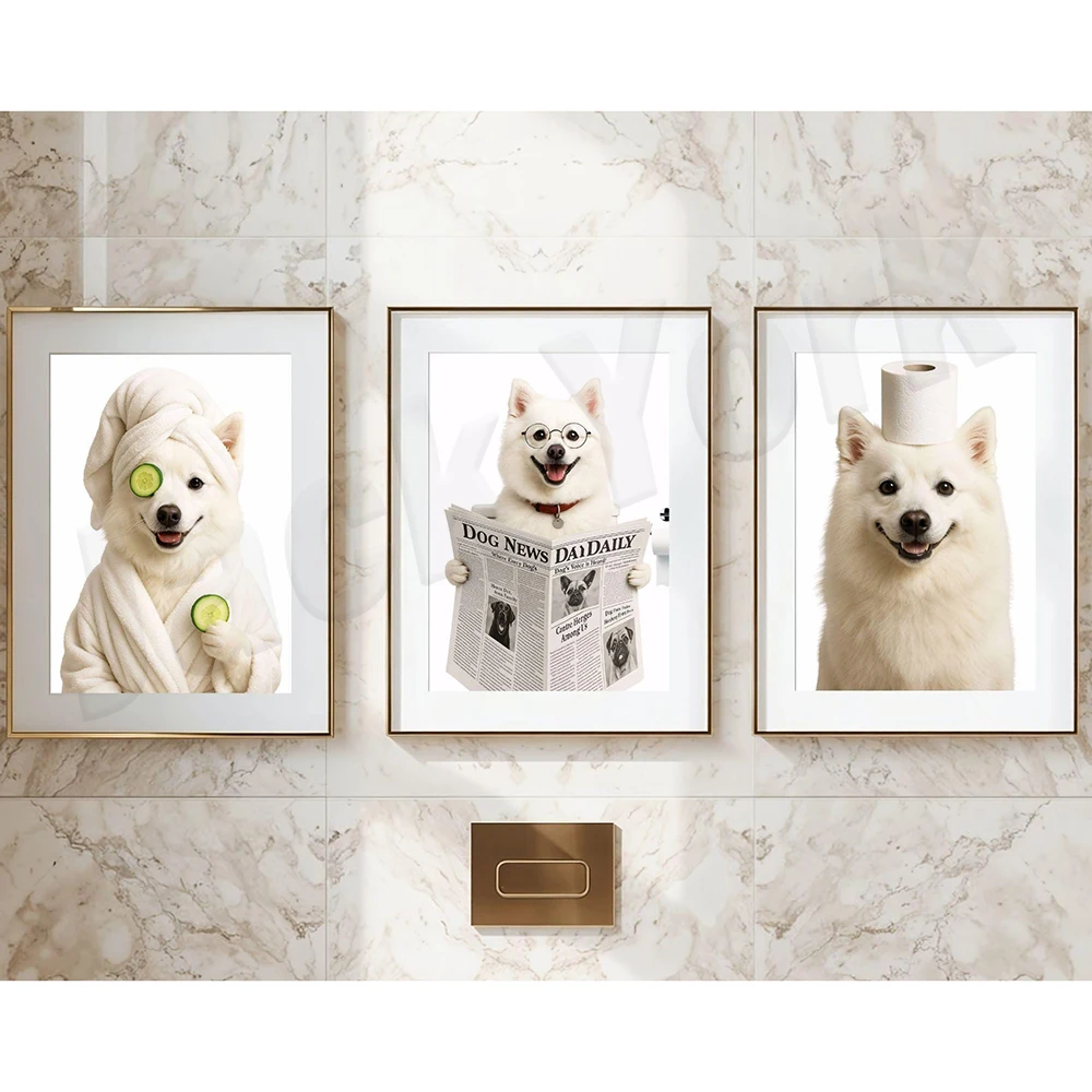 Keeshond, Kangal, Kai, Spitz japonés, Terrier, Irish Water Spaniel en un albornoz, perro que usa el baño, póster artístico de baño.