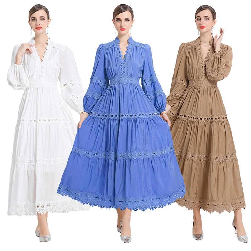 Wysokiej jakości letnia jesienna sukienka maxi z długim rękawem, haftowana koszula damska, elegancka sukienka biurowa z wycięciami, modne i eleganckie vestidos.