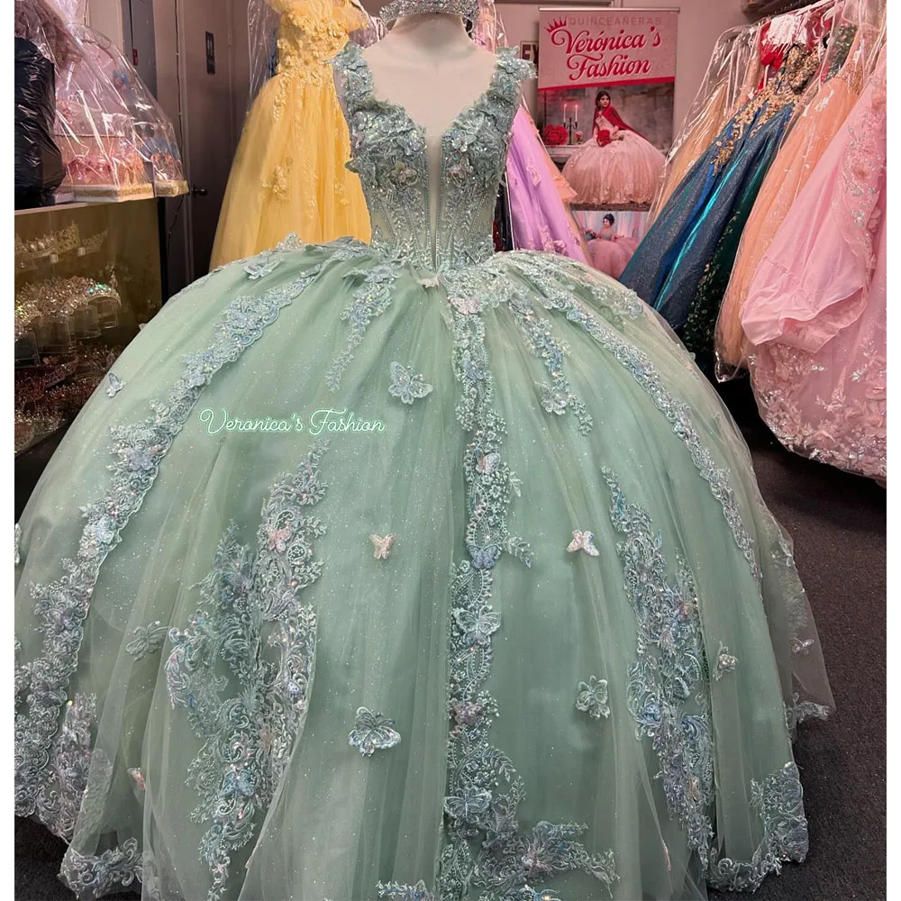 

Мятно-зеленые платья Quinceanera с открытыми плечами, 3D цветы, аппликации, Vestidos De 15, Anos, день рождения, выпускной, принцесса