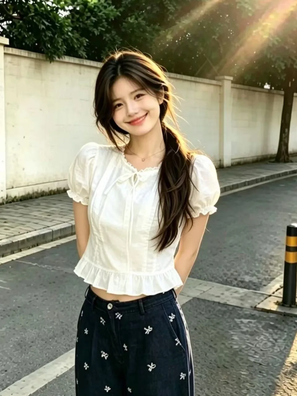 

Korean Style Short Sleeve T-Shirt Women's Beautiful Hem Design Slimming Short Top City Walk round Neck Bubble Sleeve Polyester