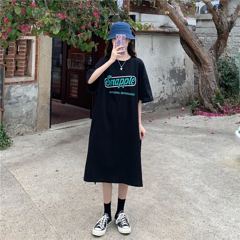 Women's Lazy Style Loose Casual Oversized Long Dress, Round Neck, Half Sleeve T-Shirt Dresses, Summer Fashion Printed, Korean