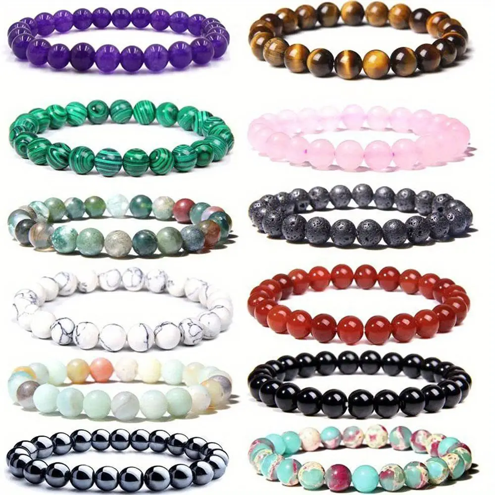 

12Pcs Crystal Bracelets for Women Men 8mm Round Stone Beaded Bracelet Semi-Precious Gemstones Bracelet Energy stone Stretch Brac