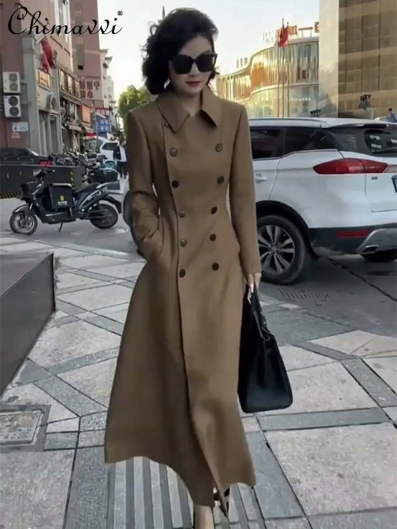 

Long Trench Women European 2023 Spring Autumn New Elegant High Fashion Double-Breasted Trench Coat Office Lady Windbreaker Coat