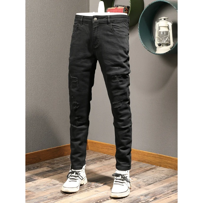 جينز أسود عالي الجودة للرجال ماركة عصرية عصرية بفتحة مرنة للشارع وأقدام صغيرة وسراويل وسيم