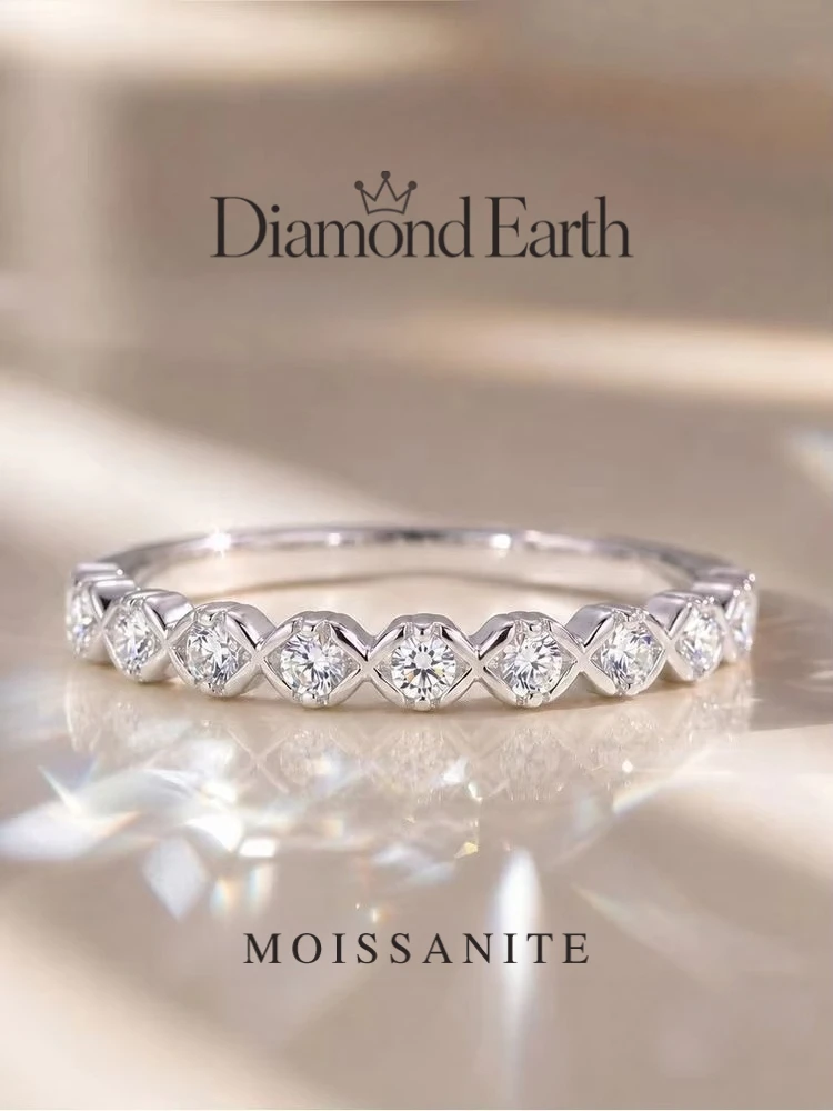 925 Sterling Silver Real Moissanite Diamond Hexagonal Round Sparkling Wedding Band Ring for Women Daily Anniversary Fine Jewelry