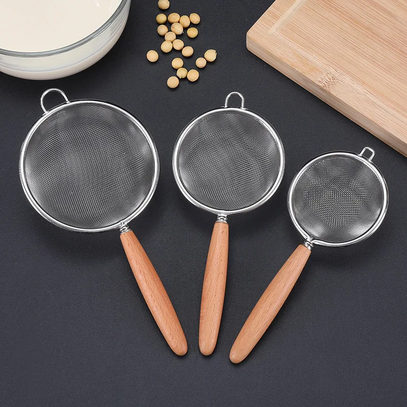 

Multi-function Filter Mesh Wooden Grain Handle Stainless Steel Colander Sieve Heat Insulation Oil Grid Spoon Flour Flour Meshes