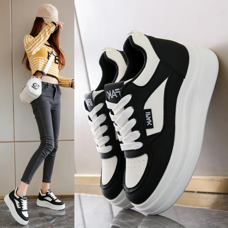 

Women's Round Toe Lace Up PU Chunky Platform Sneakers 5CM Heel Comfortable Heel Wear Resistant Outsole Casual Walking Shoes