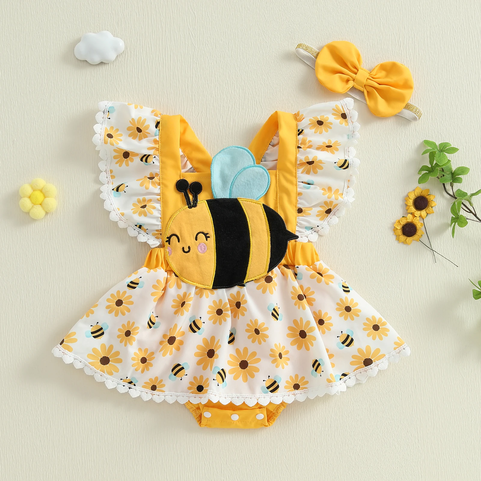Baby Girls Bee/Ladybug Print Romper Dress Fly Sleeve Skirt Hem Bodysuits Jumpsuits Bodysuits with Headband Sets
