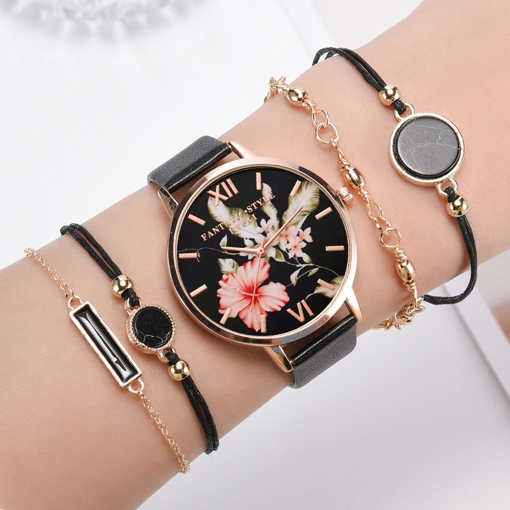 Reloj de pulsera de cuero para mujer, conjunto de 5 piezas, de cuarzo, de lujo, informal, regalo para novia