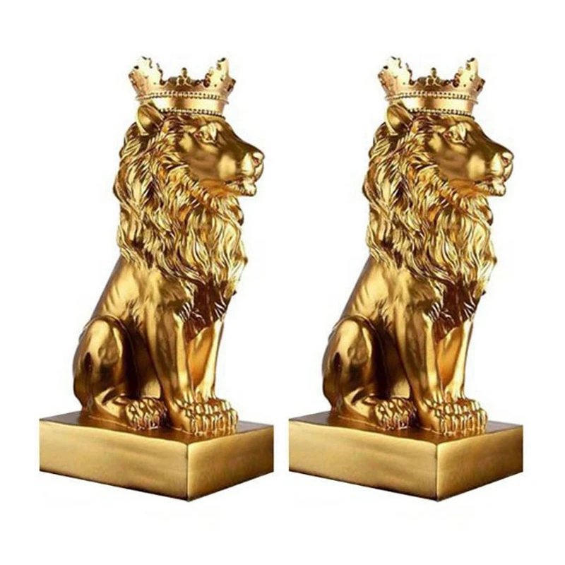 2X Abstract Crown Lion Statue Home Office Bar Male Lion Faith Resin Sculpture Crafts Animal Art Decor Ornaments - Gold