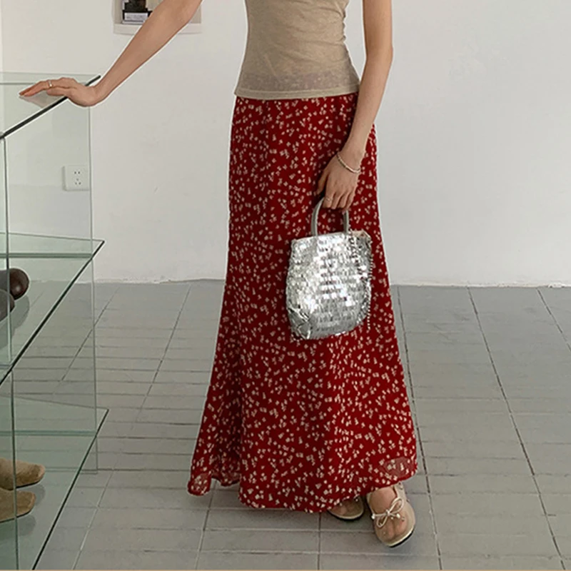 เกาหลีสูงเอวกระโปรงยาวสีแดงผู้หญิง High End ดอกไม้พิมพ์ Faldas 2025 ฤดูร้อนอารมณ์สง่างาม A-Line Maxi กระโปรง