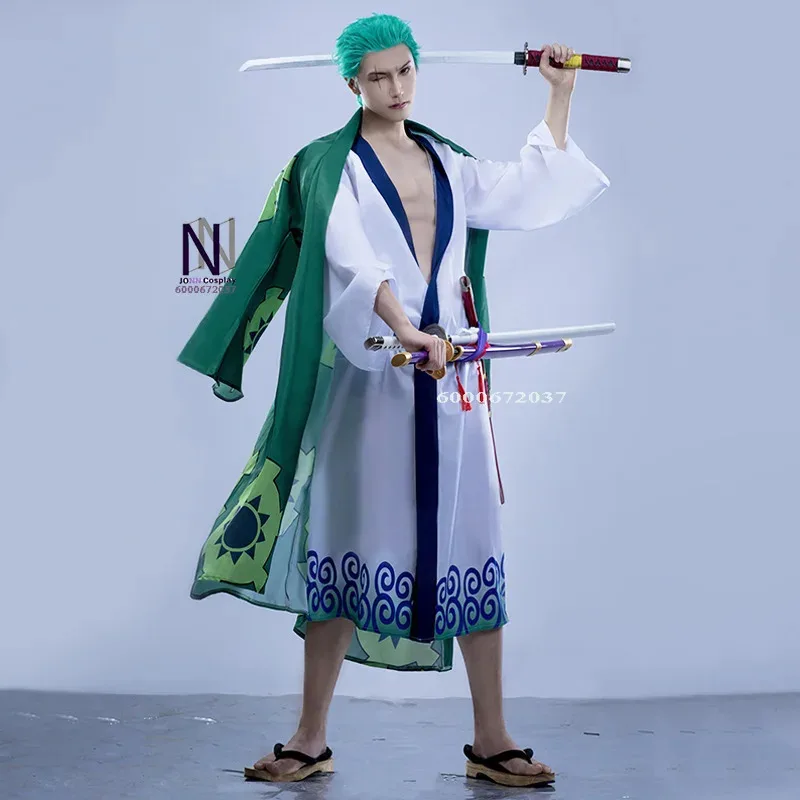 

CyAnime Roronoa Zoro Полный комплект Косплей Костюм - зеленое пальто, пояс, брюки, головной платок, парик и серьги на Хэллоуин