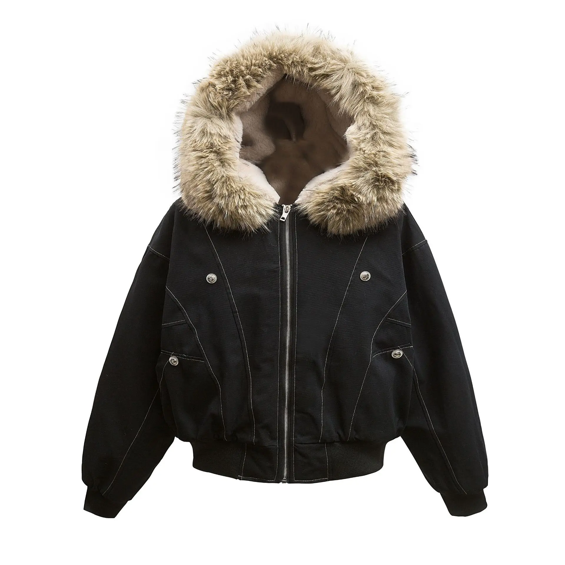 

Vintage American Street Style Women's Winter Hooded Coat Thick Warm Parka with Metal Buttons
