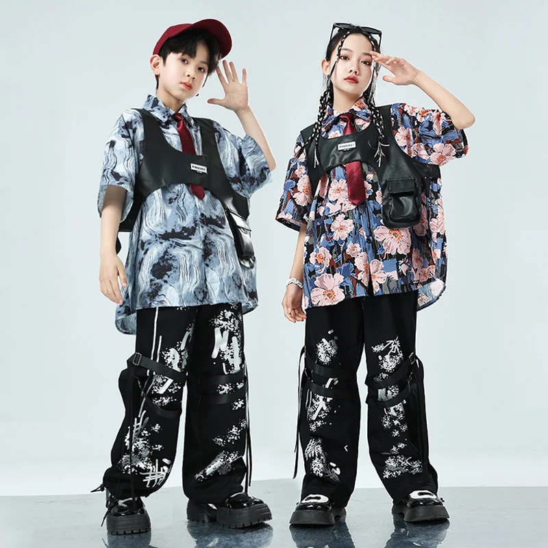 

Jazz Dance Clothing Kids Hip Hop Dancing Performance Outfit Oversize Printed Shirt Black Shuffle Pants Street Dancewear VDL3472