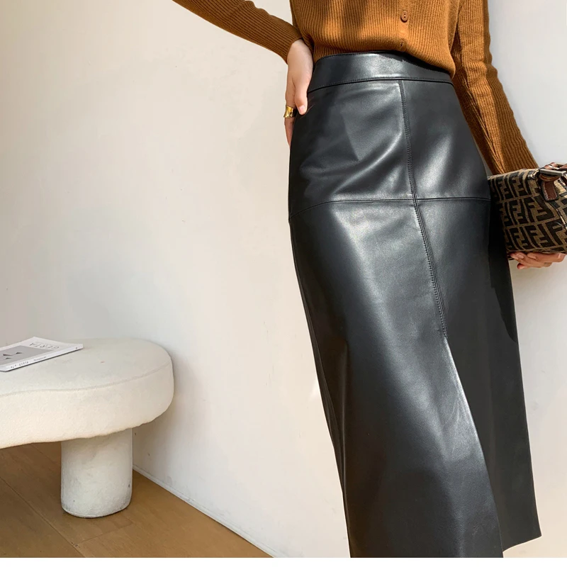 2023 New Genuine Leather Skirt for Women Vegetable Tanned Sheepskin Wrap Long Faldas Mujer Mid Length Front Slit Mid-Calf