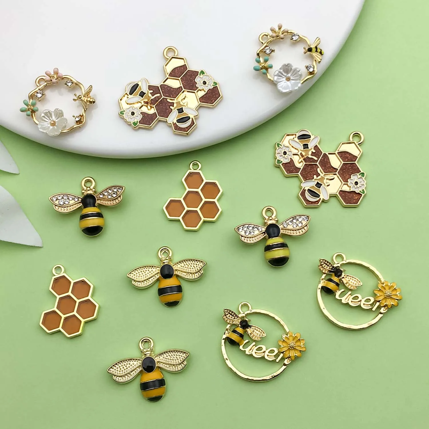 10/12pcs Enamel Bee, Flower, Honeycomb Charms Alloy Insect, Plant Pendants for DIY Bracelet Necklace Jewelry Making Accessories