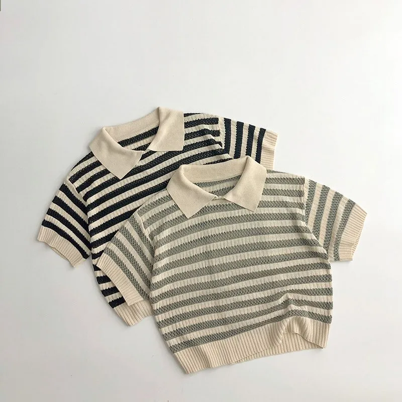 MiniAinis Summer New Children Hollow Knit T Short Sleeved Shirt Girls Lapel Cool And Refreshing Tops Boys Stripe Fashion Clothes