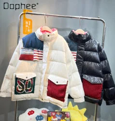 2024 New Denim Letter Knitted Splicing White Duck Down Jacket Female Loose Stand-up Collar Top Long Sleeve Winter Coats Women